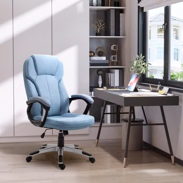 Sedia da ufficio ergonomica azzurra in lino, regolabile, 66 x 75 x 110-120 cm
