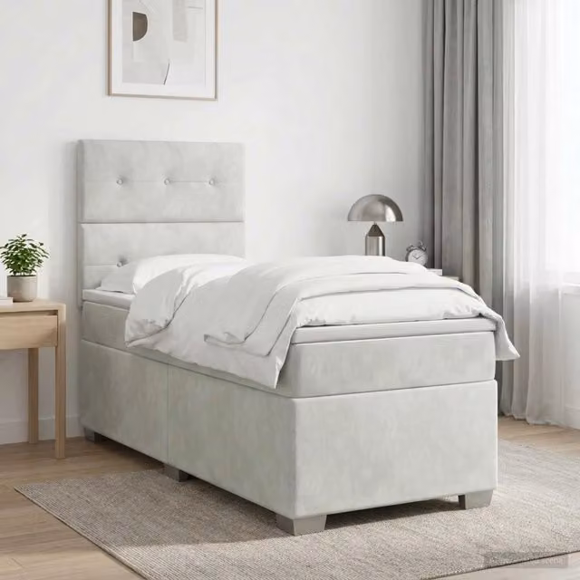 Letto box spring con materasso ibrido vidaXL in velluto grigio e bianco, base con contenitore sollevabile, dimensioni 90 x 190 cm