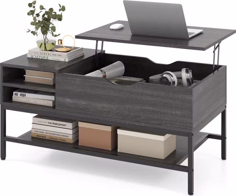 COSTWAY Tavolino regolabile in altezza, tavolino da salotto con ripiano e vano portaoggetti, tavolino da caffè, tavolino da divano, tavolino, 100x49,5x47,5 cm, grigio