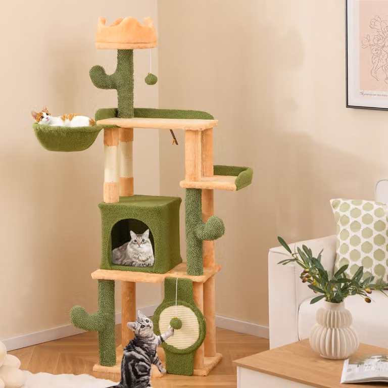 Albero per gatti Costway a forma di cactus verde, torre multi-livello con pali in sisal e giocattoli integrati, Altezza: 160 cm
