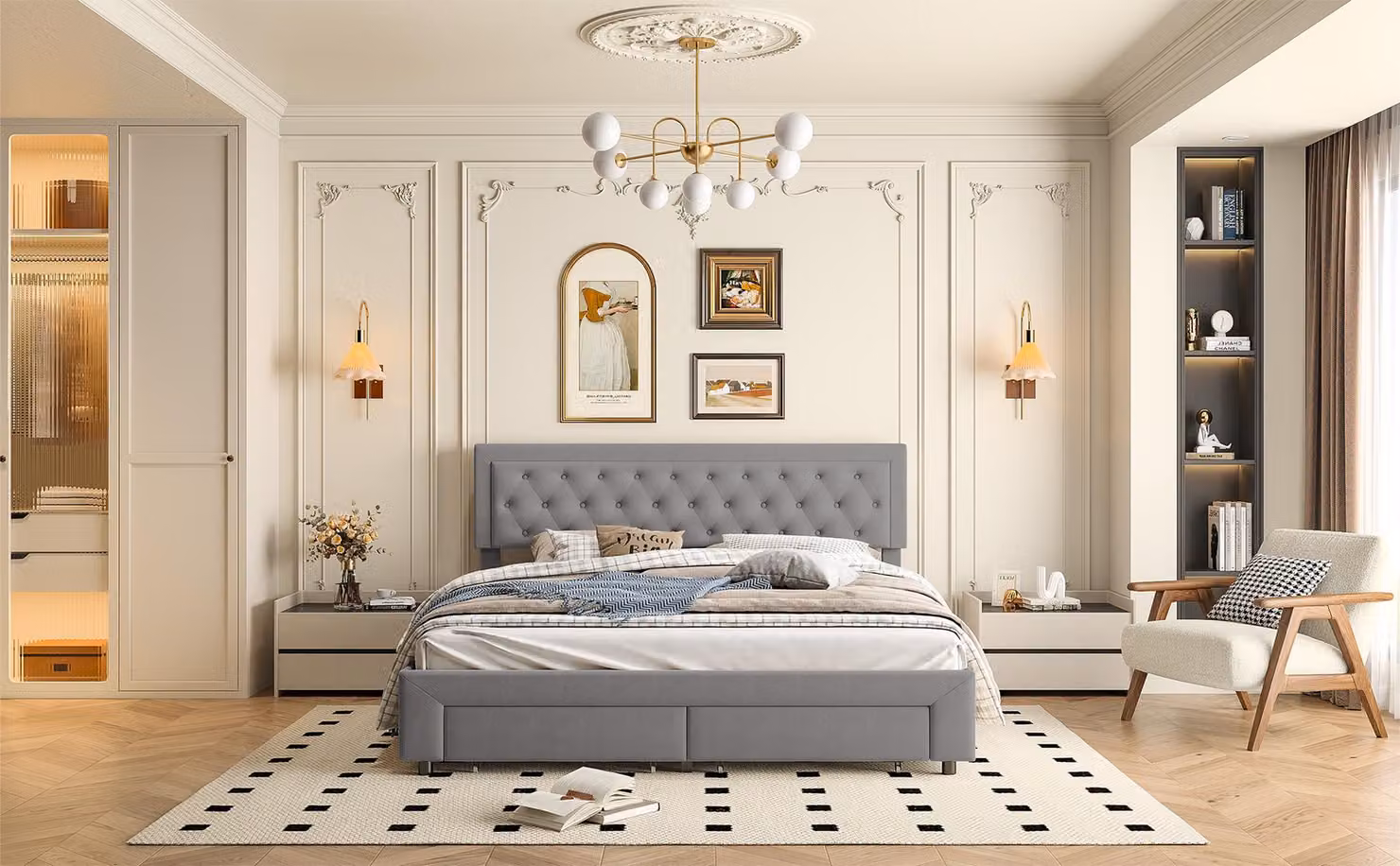 Letto matrimoniale imbottito 180 x 200 cm con contenitore e rete a doghe, superficie antimacchia, velluto, grigio