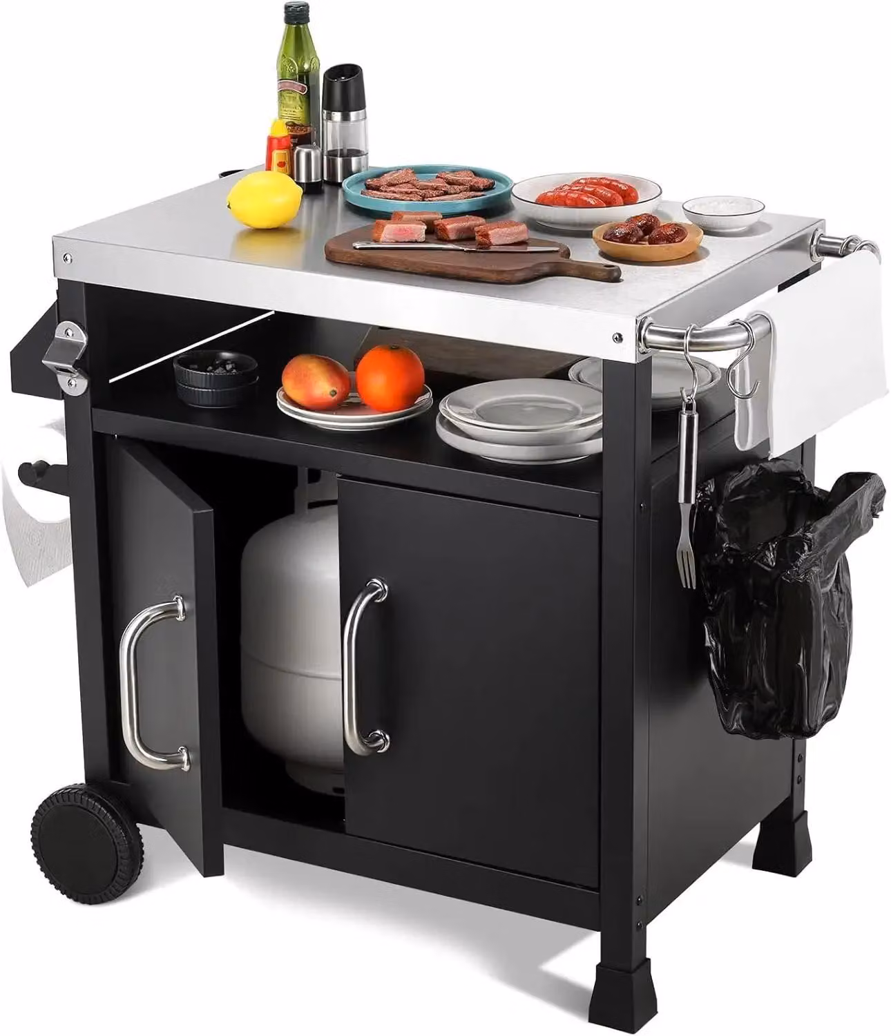 Tavolo da esterno con barbecue - Carrello barbecue / Tavolo da bar - Piano di lavoro in acciaio inossidabile - Mobiletto contenitore - 3 cassetti - Isola da cucina per esterni - Struttura in metallo - Colore nero