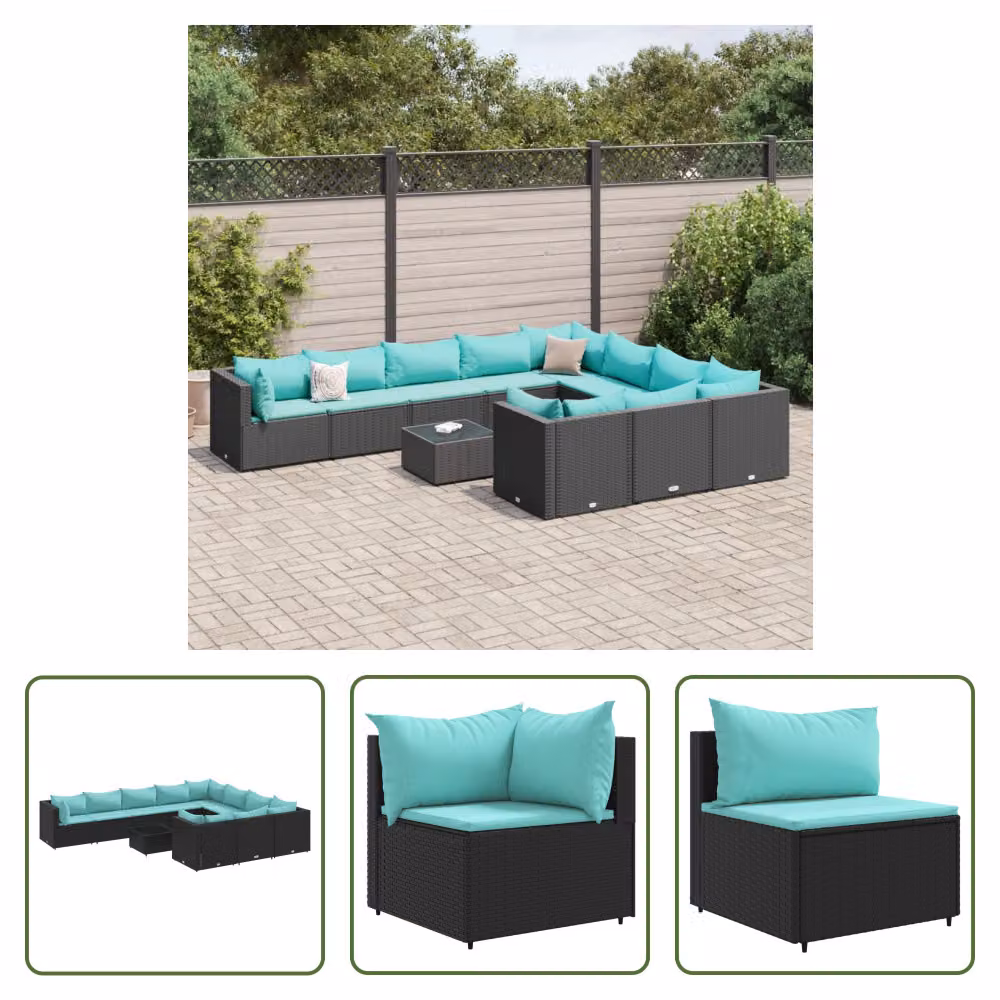 The Living Store Set di divani da giardino 11 pezzi con cuscini in poly rattan nero