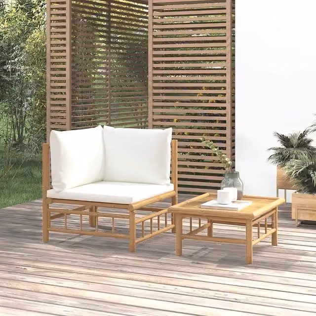 Set Salotto da Giardino Moderno in Bambù con Divano a 2 Posti, Elemento Angolare, Tavolino e Cuscini Bianco e Beige – 1