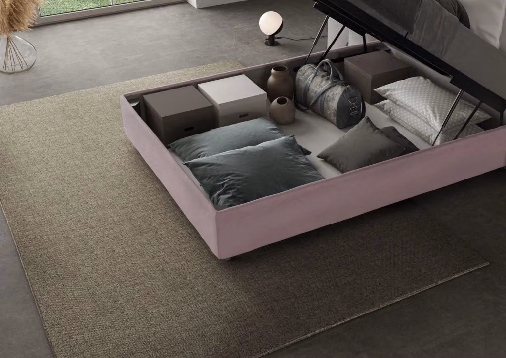 Letto una piazza e mezza contenitore BS COM imbottito in microfibra colore viola L/P/H: 122 x 200 x 135 cm – 2