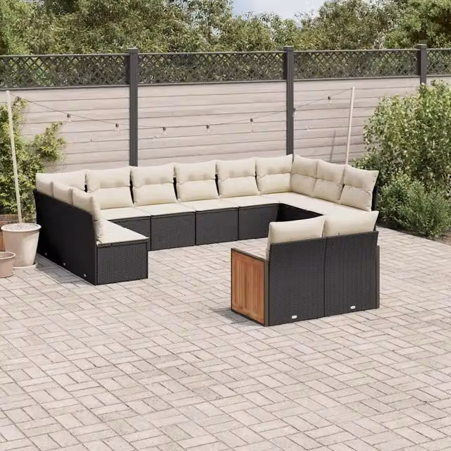 Set di Divani da Giardino VIDAXL a Forma di U in Polyrattan Nero con Cuscini, 12 Posti – 1