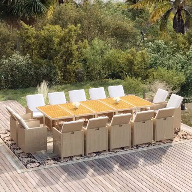 Set da pranzo da giardino vidaXL in polyrattan e legno di acacia con cuscini, 15 pezzi, beige e bianco