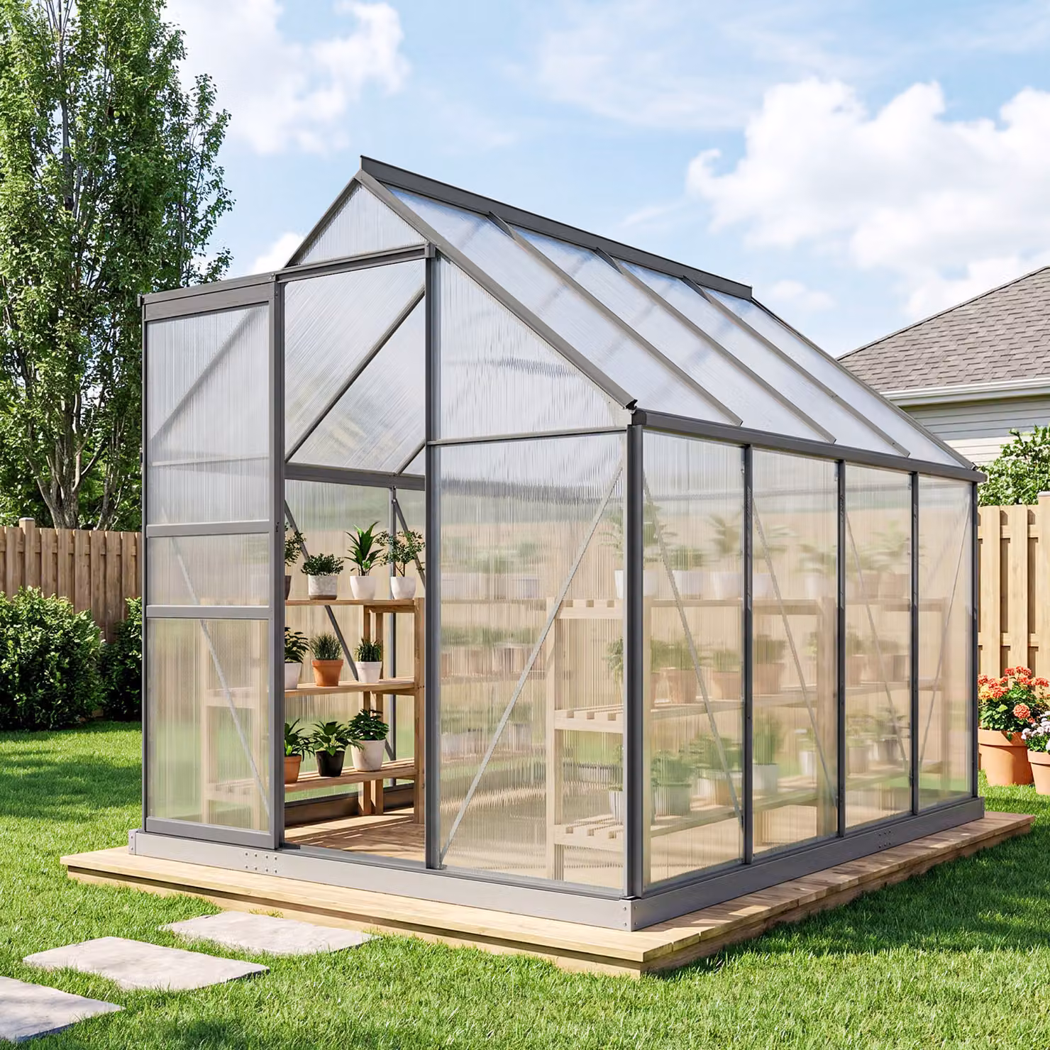 Serra Outsunny in policarbonato e alluminio con finestra apribile e porta scorrevole, Grigio Scuro, L: 190 cm, P: 253 cm, H: 199 cm – 2