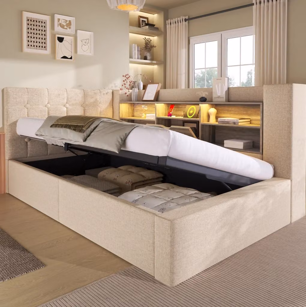 Letto imbottito moderno con contenitore idraulico, illuminazione LED sottostante e porta USB, colore beige, L: 90 cm, P: 200 cm, H: 108 cm – 2
