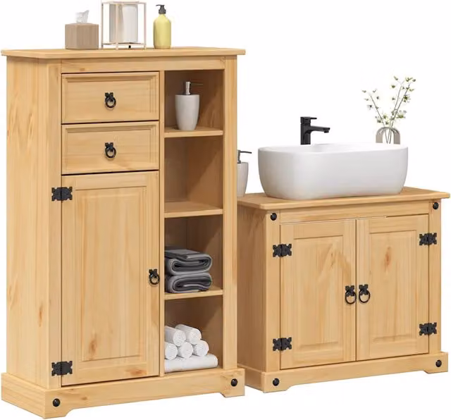 Set Mobili da Bagno 2 pz Corona in Legno Massello di Pino 3334635