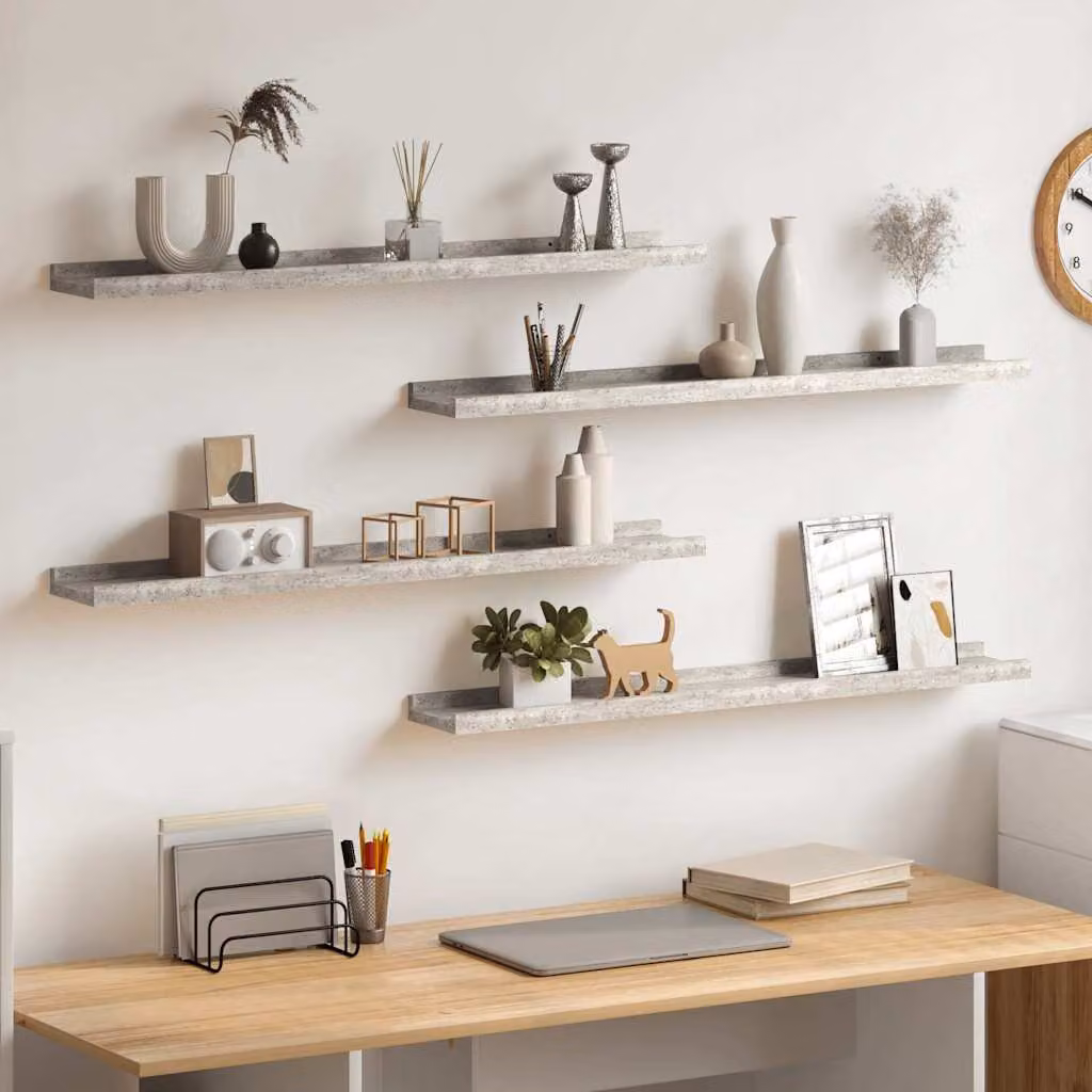 Set di 4 mensole da parete vidaXL in stile moderno, colore grigio cemento, L: 80 cm, P: 9 cm, H: 3 cm