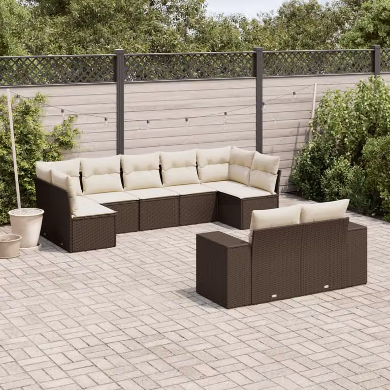 vidaXL Set Divani da Giardino a L 9pz in Polyrattan Marrone e Bianco con Cuscini
