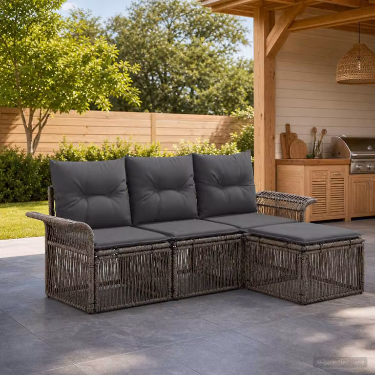 Set Divano da Giardino vidaXL 4 Pezzi a Forma di L Grigio con Poltrone e Ottoman in Polyrattan e Acciaio