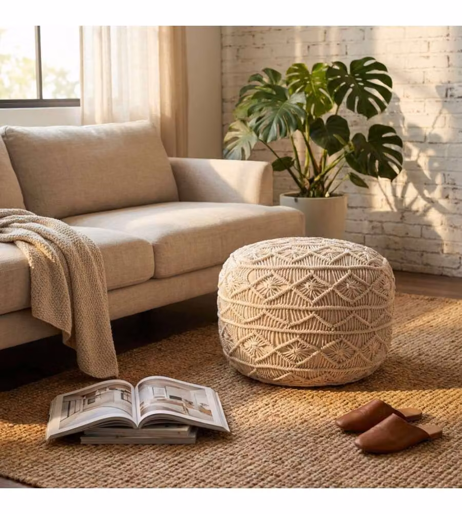 Cosma Pouf Bengasi Quadrato Bianco in Cotone 45x45 cm Stile Boho