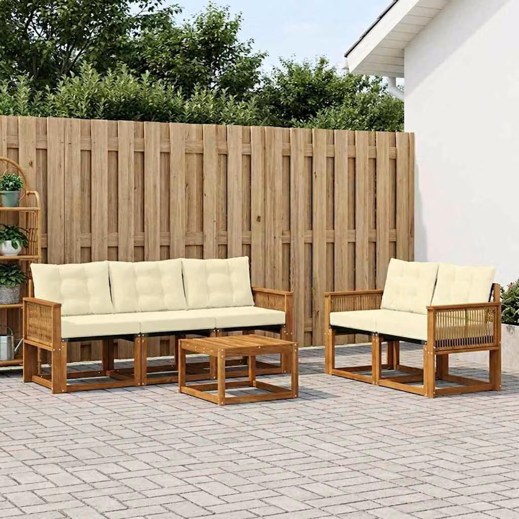 Set di divani da esterno vidaXL 6 pezzi in legno di acacia con tavolino e cuscini, colori beige, bianco e marrone