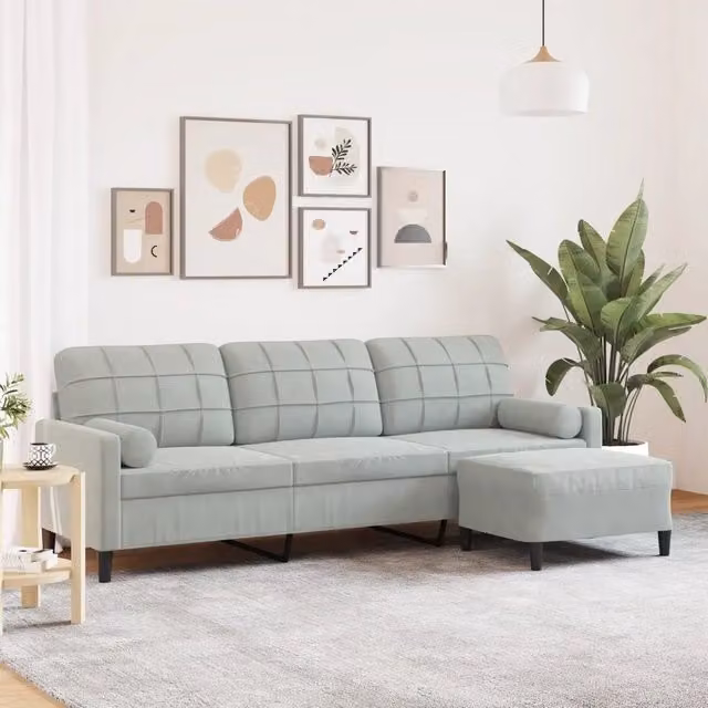 Divano a 3 posti con poggiapiedi vidaXL in velluto grigio con struttura in metallo e legno L: 226 cm, P: 80 cm, H: 77 cm