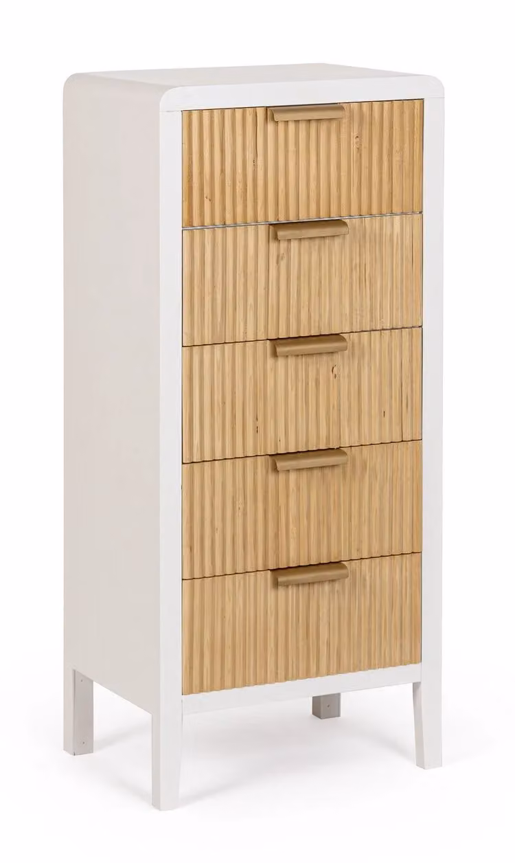 Cassettiera CHARLEY in legno bianco e 5 cassetti in legno naturale paulownia, 40x30x92 cm