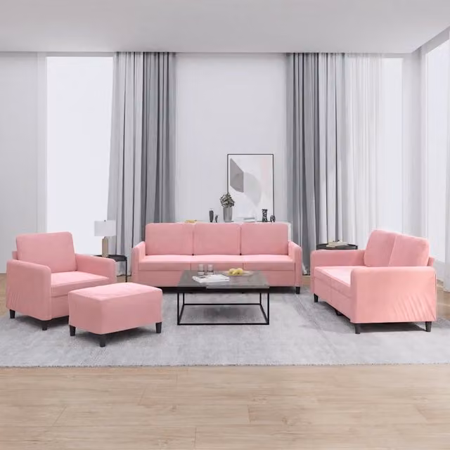 Set di divani moderno vidaXL in velluto rosa composto da un divano a 3 posti, un divano a 2 posti, un pouf e cuscini coordinati
