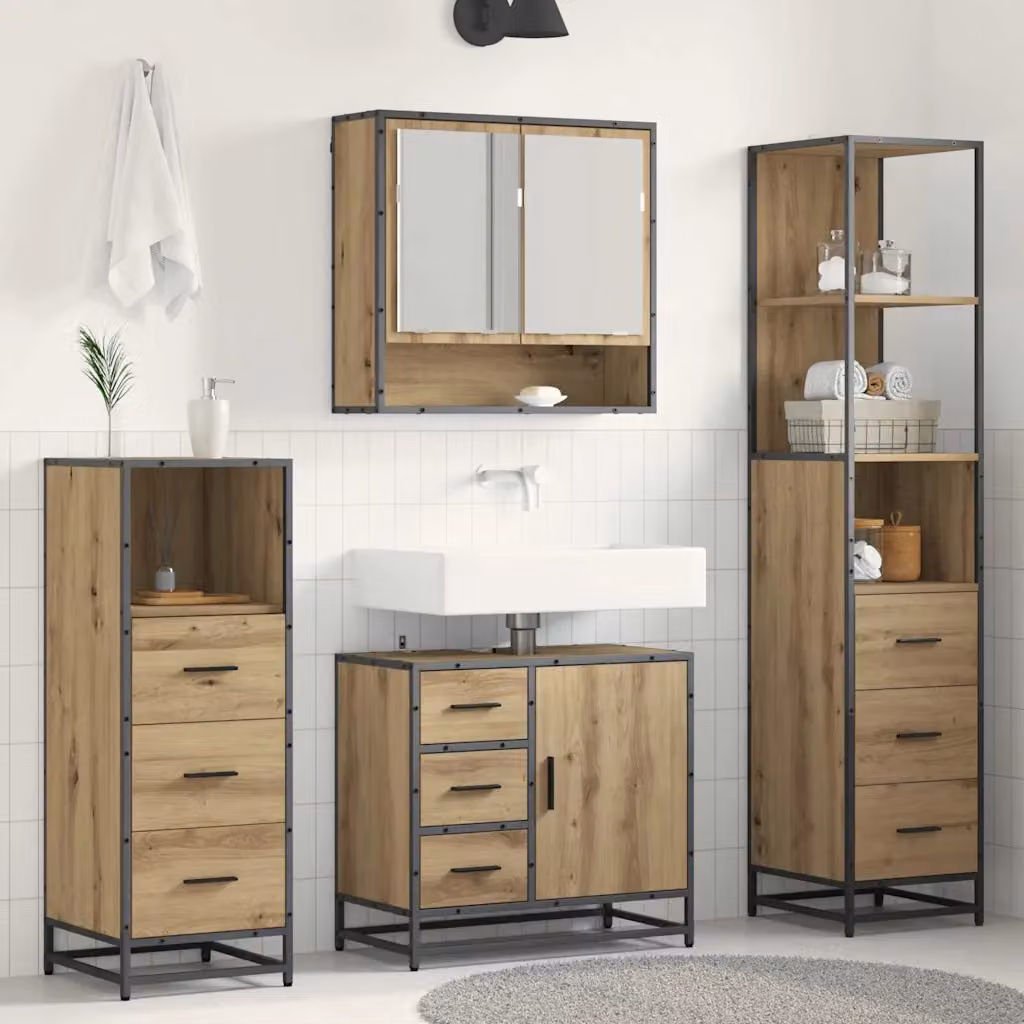 Set di mobili per il bagno vidaXL 4 pezzi in stile minimalista, colore marrone e nero, con mobileto specchio, base lavabo, mobile laterale e colonna alta, montaggio a parete