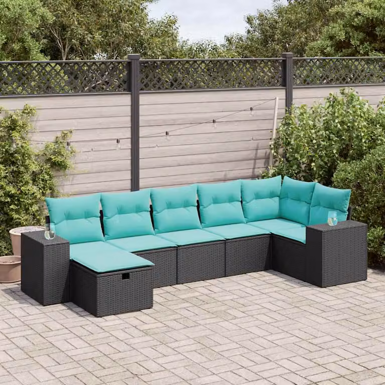 Set Divani da Giardino vidaXL a Forma a U con 7 Cuscini, Struttura in Metallo e Polyrattan, Colore Nero, Blu o Turchese