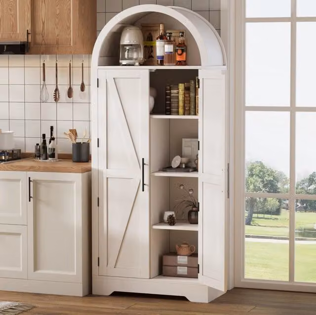 Mobile alto bianco 170×70×35 cm in MDF con design curvo, armadio versatile per cucina e soggiorno