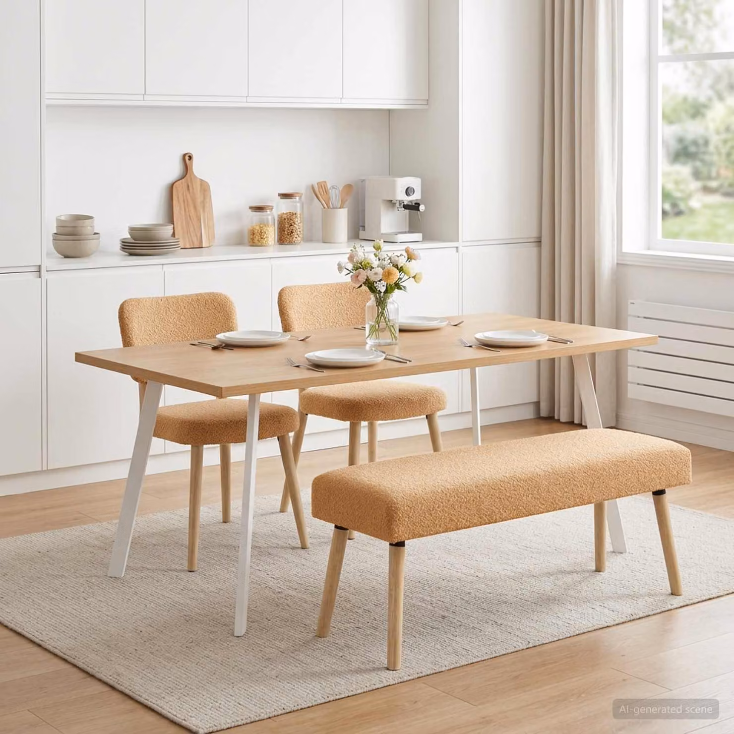 Panchina moderna vidaXL in tessuto bouclé beige con struttura in legno, L 110 x P 40 x H 46 cm