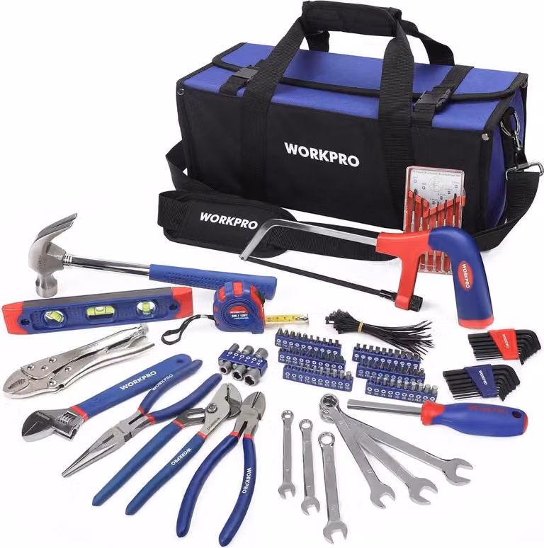 Set di utensili universali WORKPRO 156 pezzi in borsa; pinze, chiavi, punte, livella, metro a nastro, martello