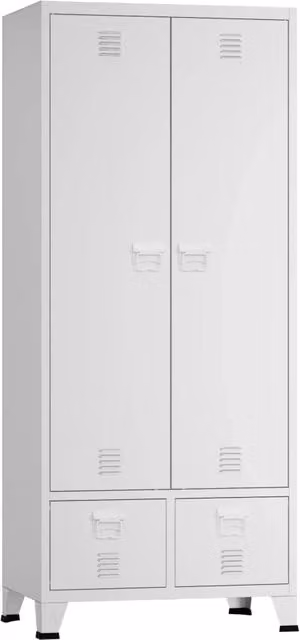 Armadio contenitore per camera da letto in stile industrial con ante a battente e 2 cassetti in metallo bianco opaco H: 180 cm, L: 90 cm, P: 40 cm