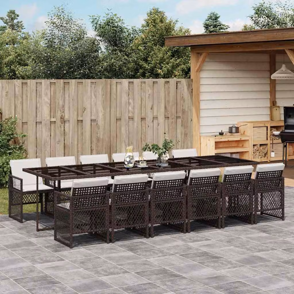 Set da pranzo da giardino vidaXL in polyrattan marrone con cuscini bianchi e tavolo in vetro – 1