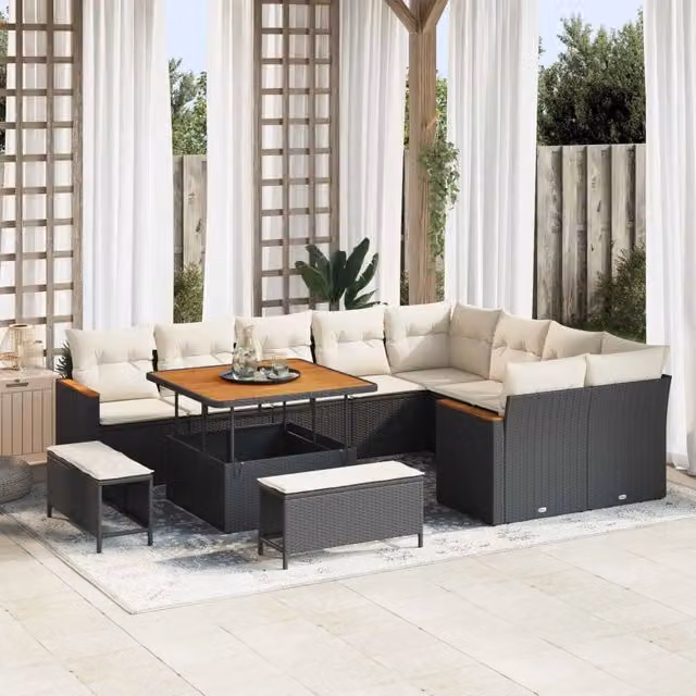 Set Divano da Giardino a Forma di U vidaXL in Polyrattan Nero con Cuscini Beige e Tavolino – 1