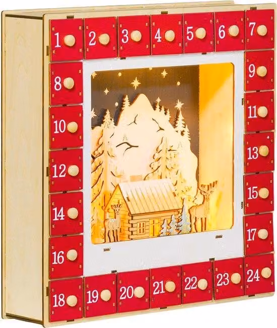 Calendario dell'Avvento con illuminazione a LED, 24 scomparti, MDF, 34 x 7 x 34 cm, rosso