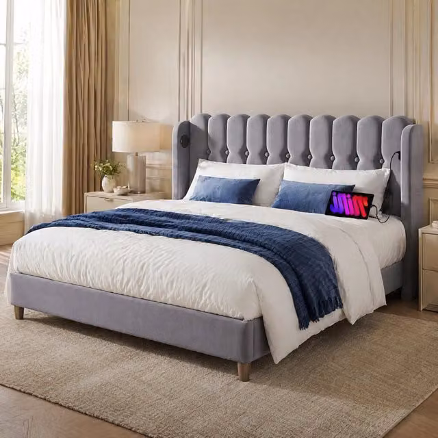 Letto matrimoniale imbottito 160x200 cm in tessuto effetto lino grigio con USB e USB-C