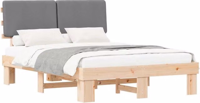Letto matrimoniale moderno DESIGN IN con testiera rivestita in tessuto grigio e struttura in legno di pino, L/P/H: 143 x 200 x 93 cm