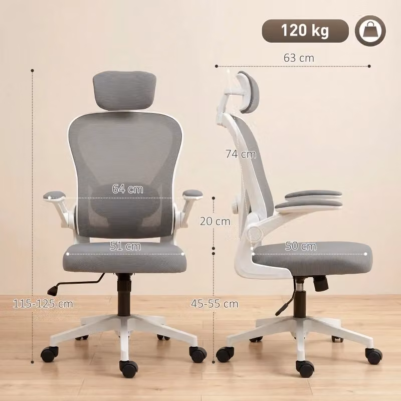 Sedia da ufficio ergonomica WISHDOR grigia in tessuto con poggiatesta e braccioli, girevole e moderna per home office – 2