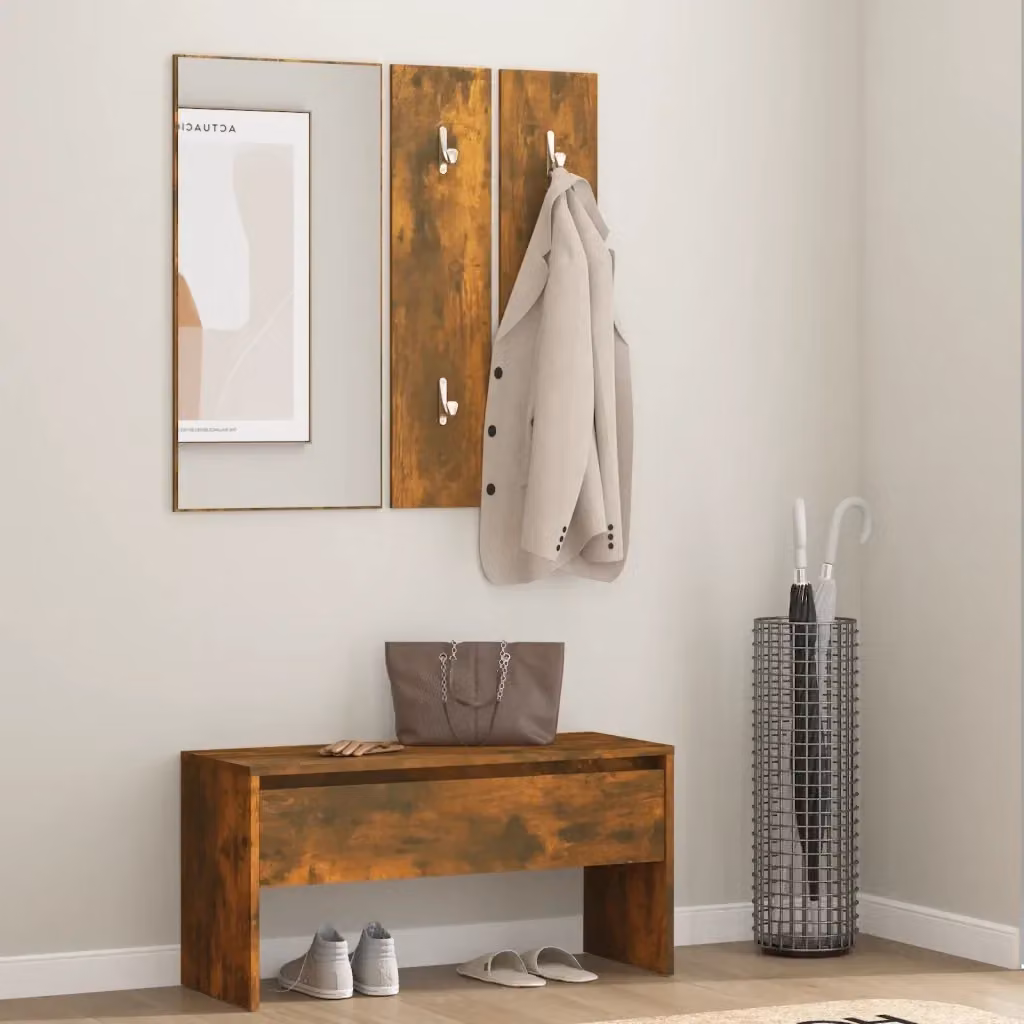 Set di Mobili da Corridoio Moderno in Rovere Fumo con Panca, Specchio e Pannello, Colore Marrone – 2