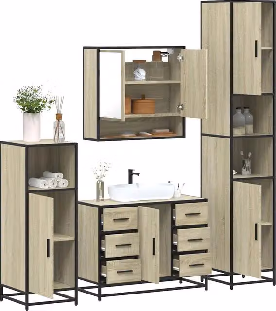 Set di mobili da bagno industrial vidaXL in legno e metallo, colore marrone e beige, composto da armadietto con specchio, mobile lavabo, mobile laterale e colonna alta