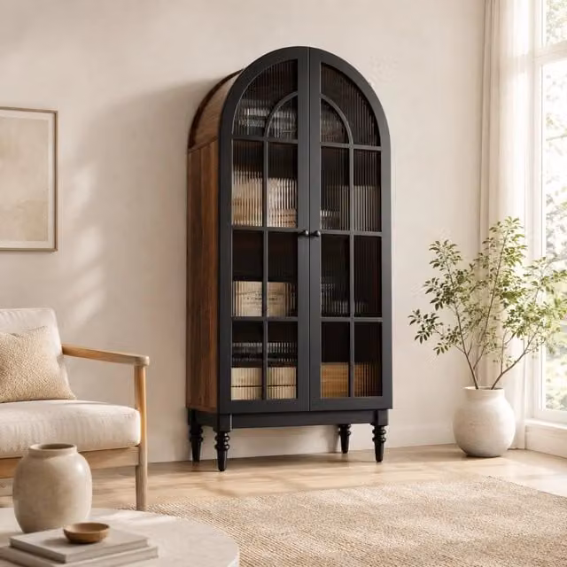 Vetrina alta Mivray nera con ante in vetro e ripiani interni in MDF per soggiorno o ingresso L/P/H: 76 x 35.5 x 165 cm