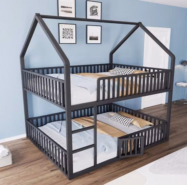 Letto a Castello in Metallo 140x200 cm con Scala, Design Loft, Letto Familiare per Bambini con Porta Apribile sulla Parte Inferiore, Nero