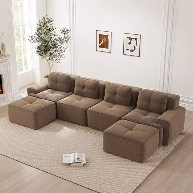 Divano modulare OKWISH in velluto a coste marrone con seduta profonda per soggiorno