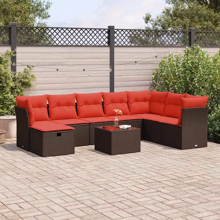 Set Divani da Giardino vidaXL 9 Pezzi a Forma di L con Cuscini e Tavolino, Polyrattan Marrone e Rosso