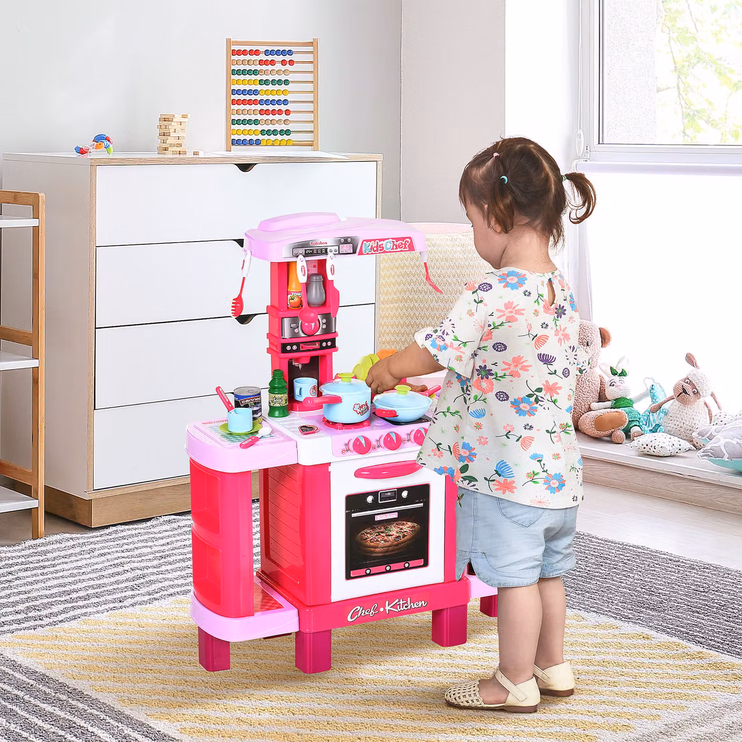 Cucina giocattolo per bambini HOMCOM con 38 accessori, luci e suoni realistici, colore rosa, L 78 cm x P 29 cm x H 87 cm – 2