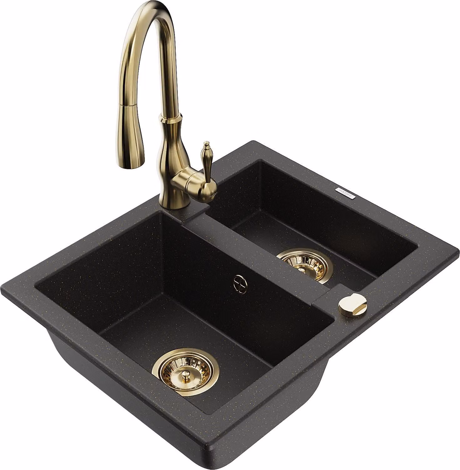 Mexen Carlos lavello in granito 1,5 vasca con miscelatore da cucina Savita, nero/oro metallizzato - 6518-75-672601-50