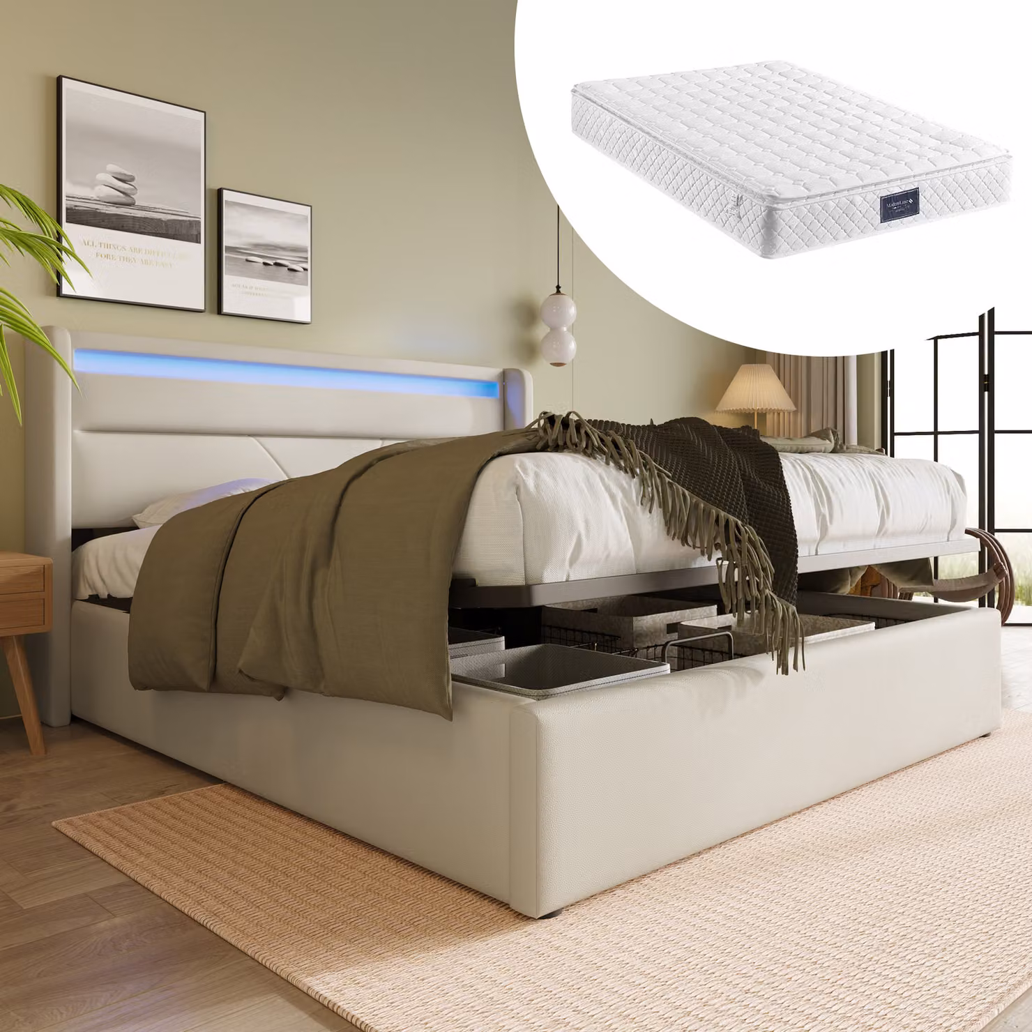 letto okwish LED - letto 160x200 cm - letto con contenitore idraulico - letto matrimoniale - letto imbottito - con griglia, contenitore e LED, bianco (con materasso)