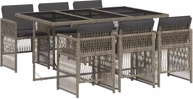 Set da Pranzo da Giardino 7 Pezzi in Polyrattan Grigio e Nero con Piano in Vetro