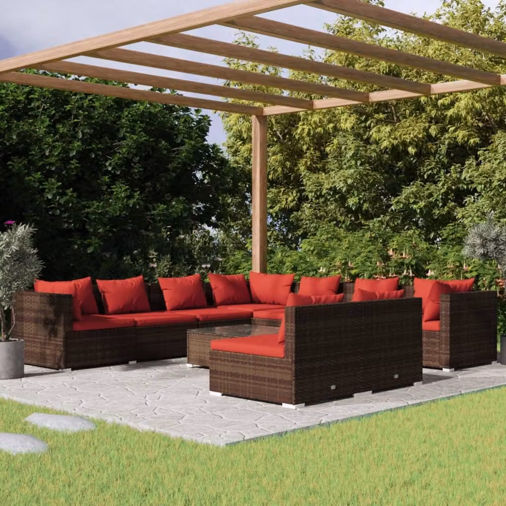Maison Exclusive - Set da giardino da 10 pezzi con cuscini, in rattan sintetico marrone