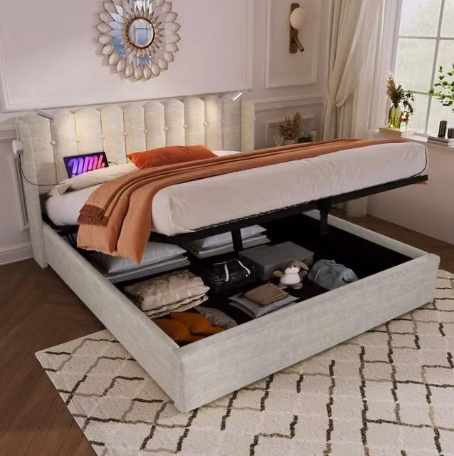 Letto contenitore 160 x 200 cm beige con luci di lettura, USB e materasso