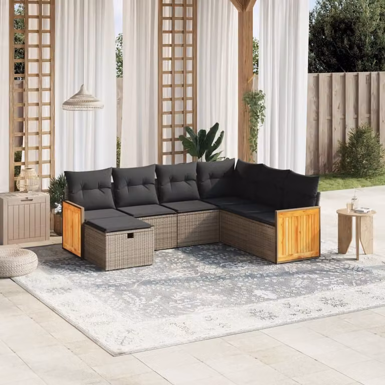 Set di divani da giardino vidaXL 7 pz a forma di L in polyrattan grigio con cuscini inclusi e struttura in acciaio