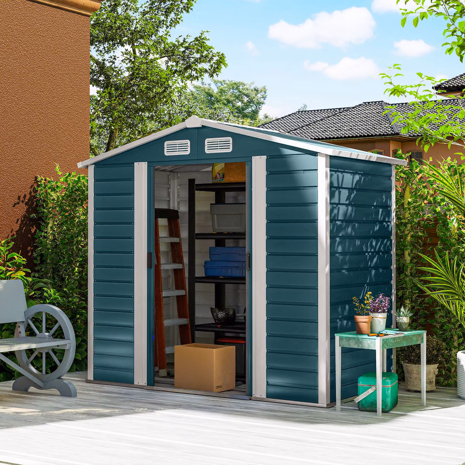 Casetta da Giardino Outsunny in Acciaio Zincato Verde con Porte Scorrevoli e Lucchetto, L/P/H: 210 x 120 x 190 cm – 2
