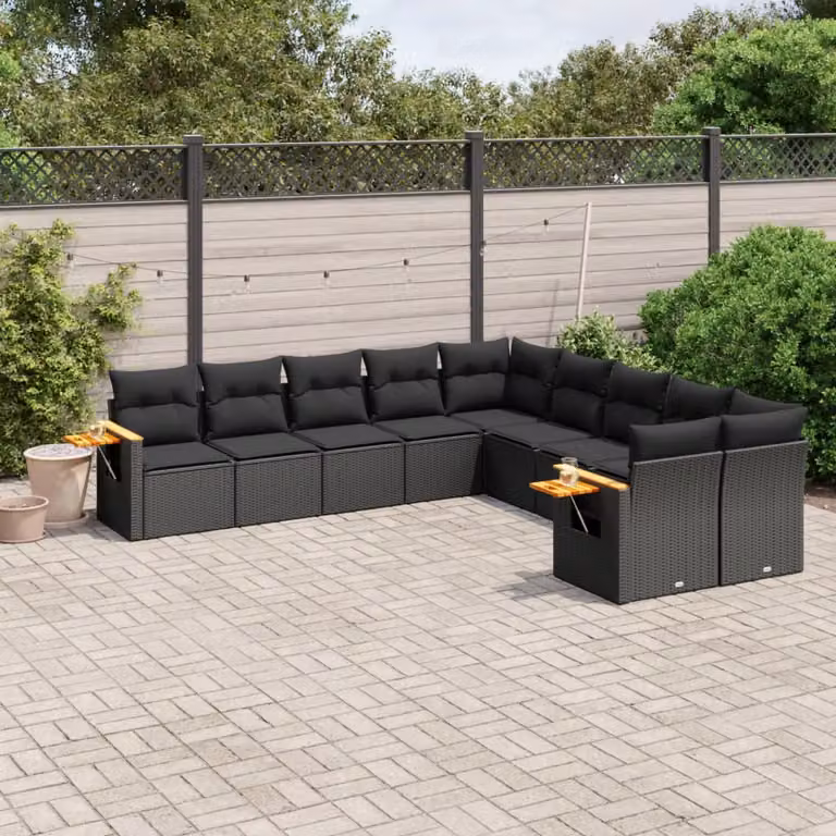 vidaXL Set Divani da Giardino 10pz in Polyrattan Nero con Cuscini e Tavolino da Esterno