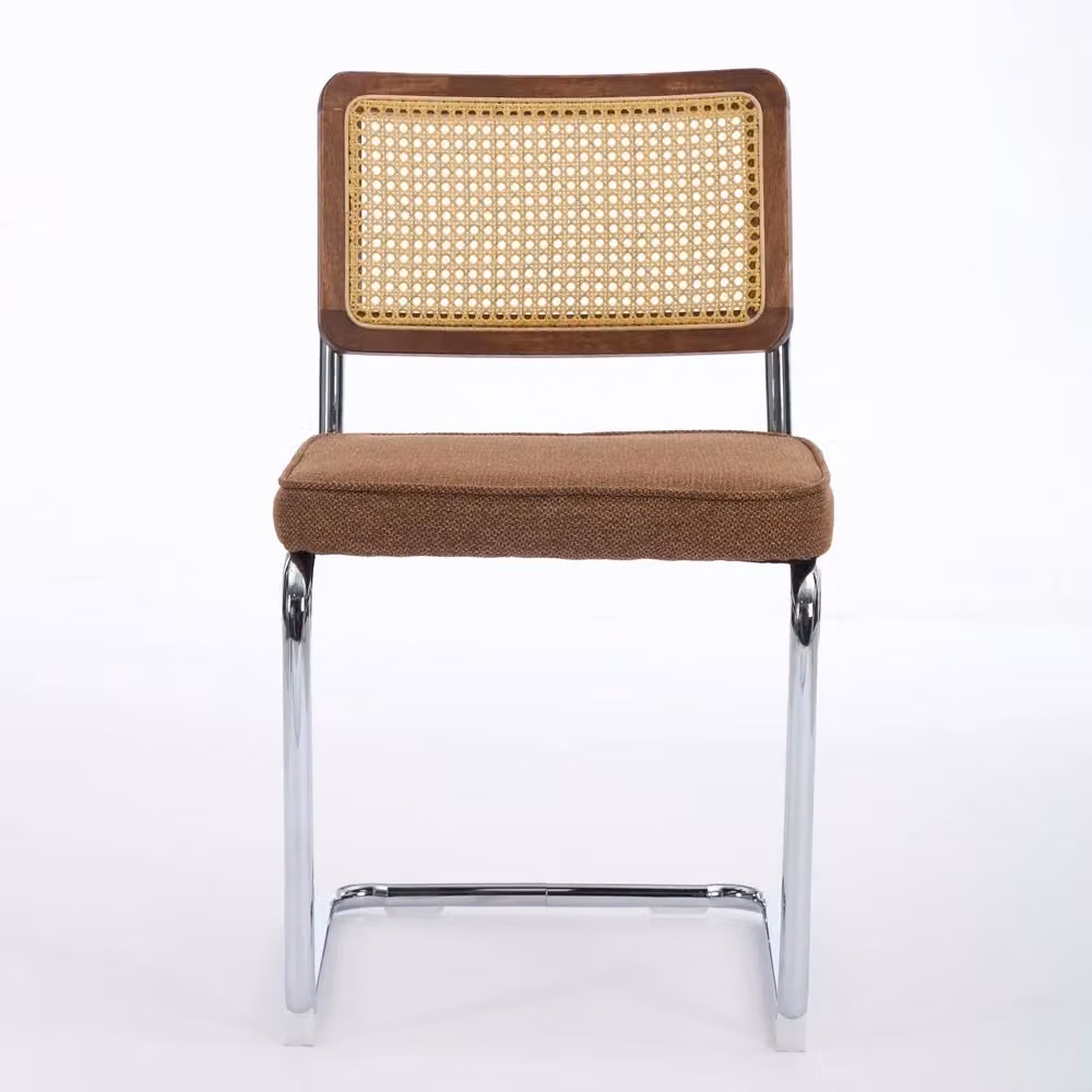 Set di 2 sedie da pranzo Minimal colore caffè con schienale in rattan, rivestimento in tessuto e base in metallo, stile moderno e imbottite – 2